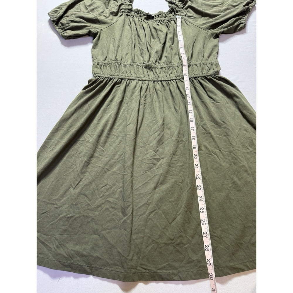 JCrew Womens Green Fit Flare Dress L Short Knit Cotton Square Neck Puff Sleeve - Picture 3 of 6